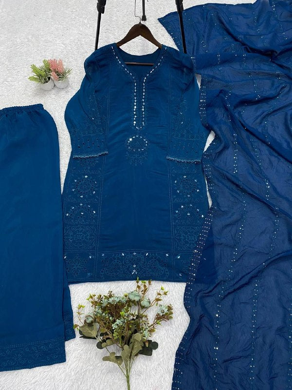 Peacock Blue Hand Mirror & Sequence Embroidered Top, Plazzo with Dupatta