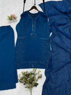 Peacock Blue Hand Mirror & Sequence Embroidered Top, Plazzo with Dupatta