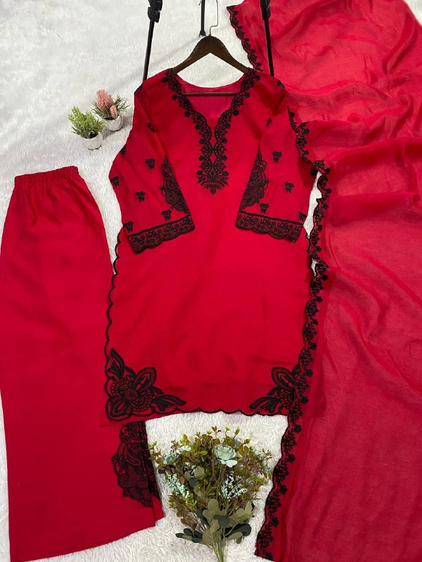 Maroon Embroidered Top, Plazzo and Dupatta with Black Embroidery — Hania Amir Inspired