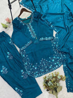 Teal Three Piece Outfit with Sequence Embroidered Top, Farsi Salwaar and Dupatta