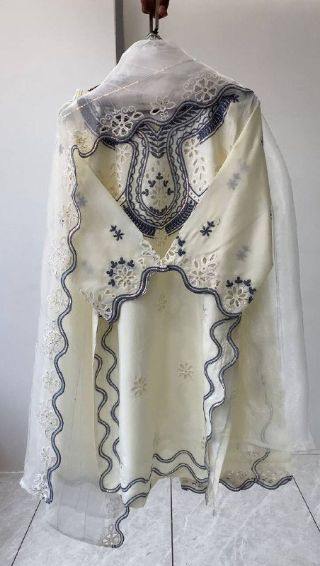 Ivory Sequence Embroidered Cutwork Top, Plazzo and Dupatta — Hania Amir Inspired