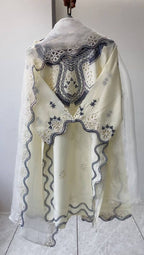 Ivory Sequence Embroidered Cutwork Top, Plazzo and Dupatta — Hania Amir Inspired