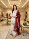 White Sequence Embroidered Top, Sarara with Maroon Dupatta