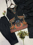 Black Printed Top, Salwaar with Dupatta in Roman Fabric