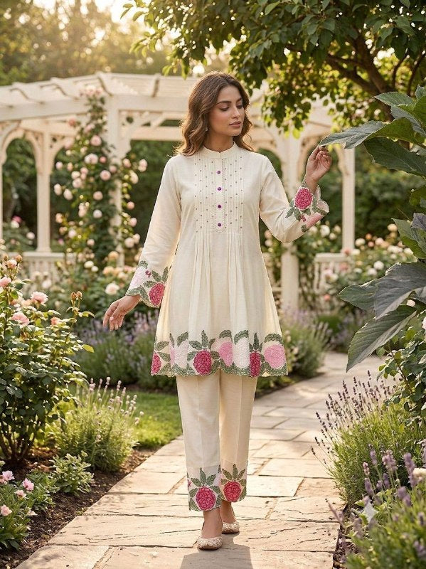 Ivory Trendy Co-ord Set with Floral Embroidery Work