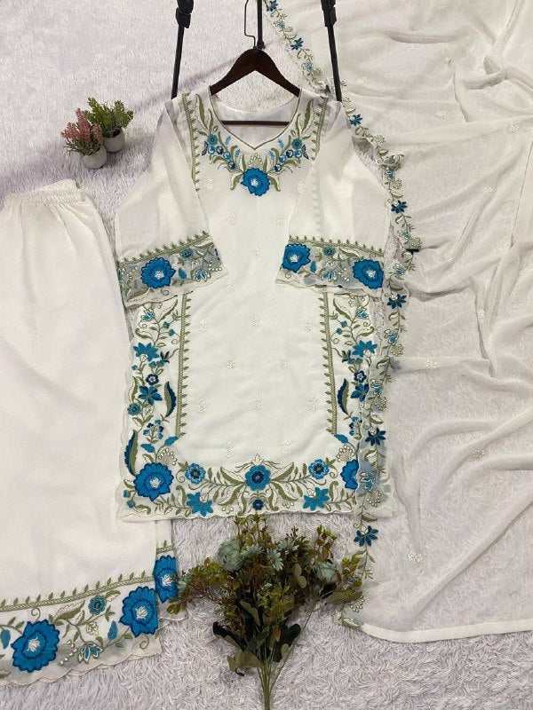 White Embroidered Top, Plazzo with Dupatta