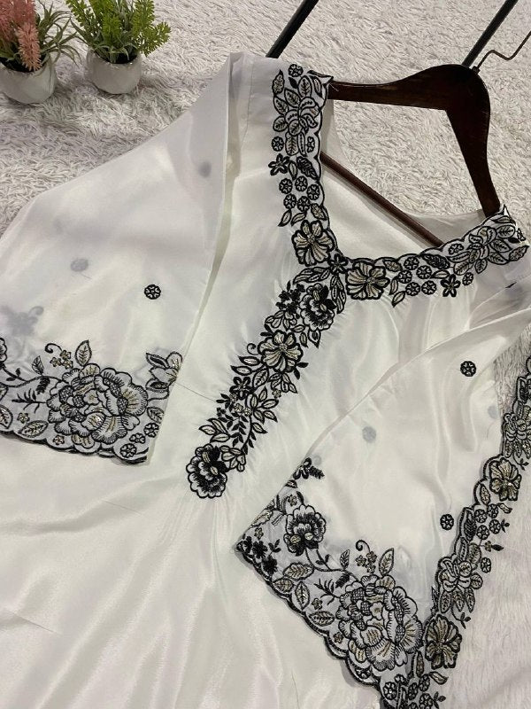 White Sequence Embroidery Worked Top, Plazzo with Dupatta