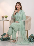 Sage Green Sequence Embroidery Worked Top, Plazzo with Dupatta