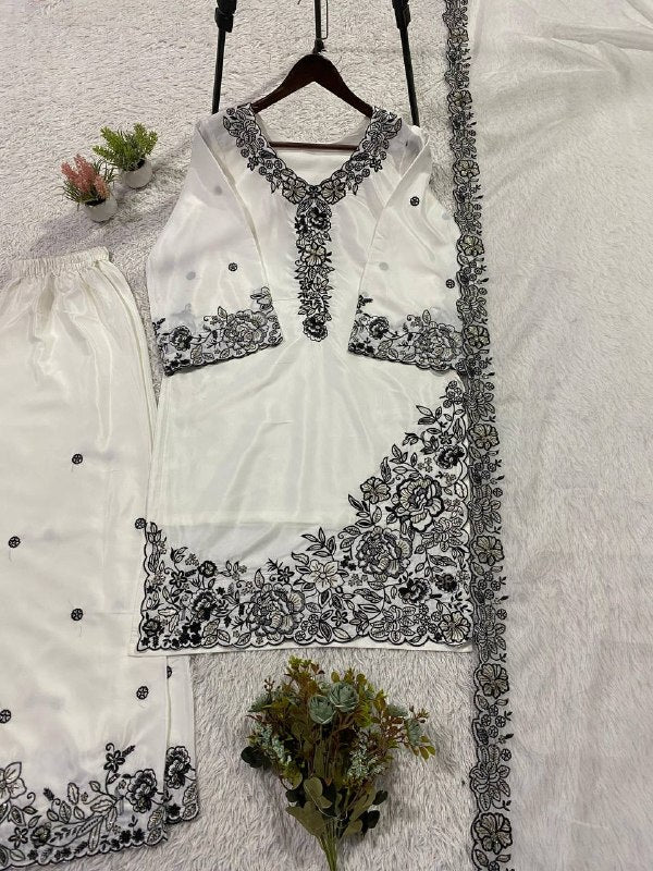 White Sequence Embroidery Worked Top, Plazzo with Dupatta