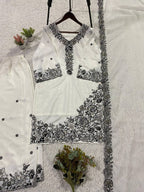 White Sequence Embroidery Worked Top, Plazzo with Dupatta