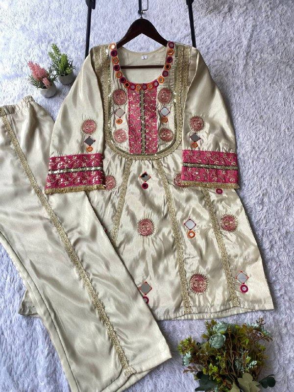 Beige Co-ord Set with Real Mirror and Sequence Embroidered Top and Plazzo