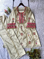 Beige Co-ord Set with Real Mirror and Sequence Embroidered Top and Plazzo