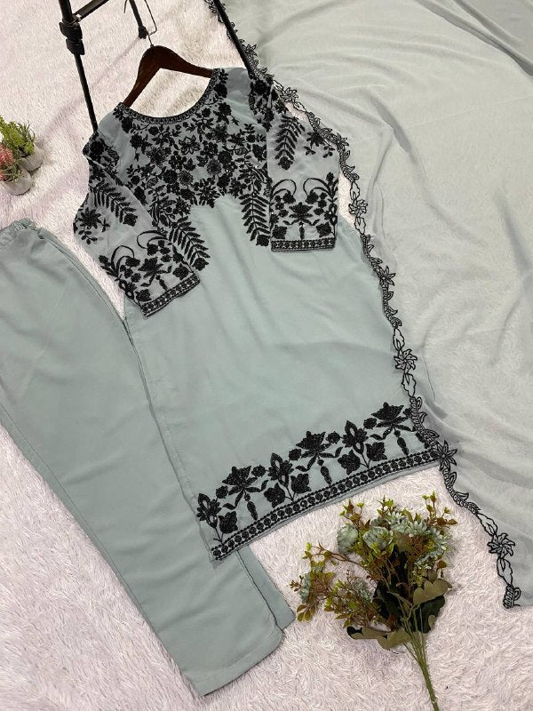 Sage Green Sequence Embroidery Worked Top, Pant with Dupatta
