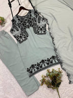 Sage Green Sequence Embroidery Worked Top, Pant with Dupatta