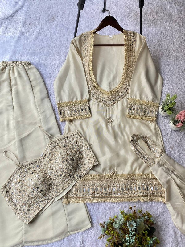 Ivory 4 Piece Plazzo Pair with Real Mirror and Embroidery Work