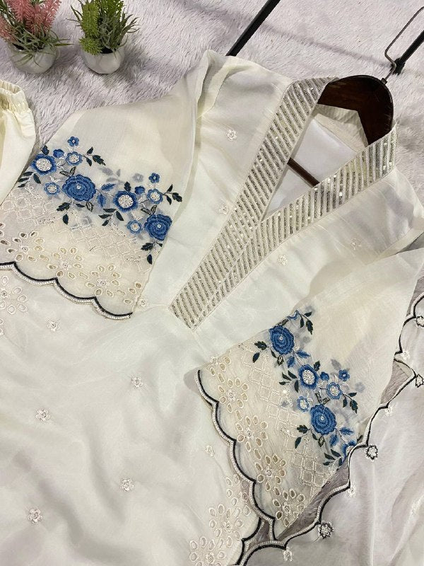 White Sequence Embroidery Worked Top, Plazzo with Dupatta
