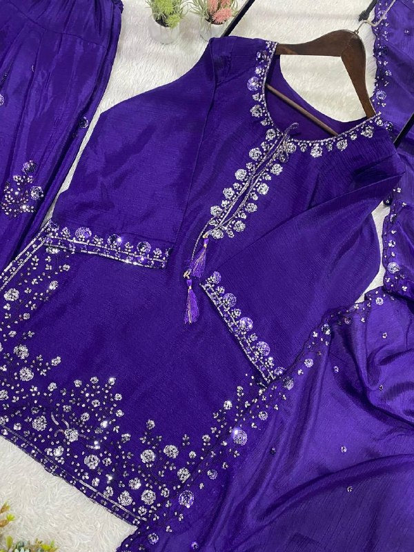 Purple Three Piece Outfit with Sequence Embroidered Top, Farsi Salwaar and Dupatta