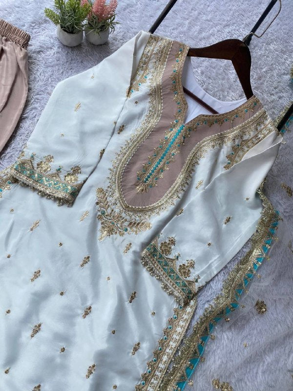 White Sequence Embroidery Worked Top, Plazzo and Dupatta — Mahira Khan Inspired