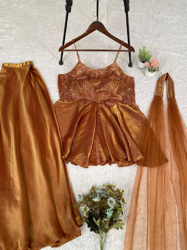 Copper Sequence Embroidered Top, Plazzo and Dupatta