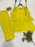 Mustard Yellow Embroidered Cotton Co-ord Set | Women's Trendy 2-Piece Top - Pant Set