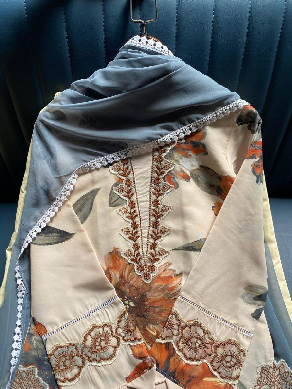 Cream Floral Printed Embroidered Lace Top, Plazzo with Dupatta — Hania Amir Inspired