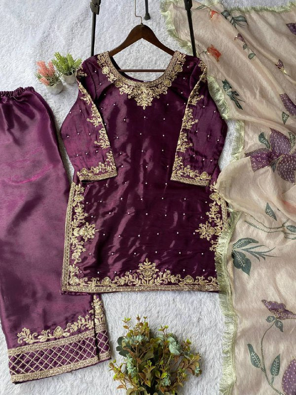 Wine Purple Cording with Sequence Embroidery and Beads Worked Top, Plazzo and Dupatta