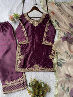 Wine Purple Cording with Sequence Embroidery and Beads Worked Top, Plazzo and Dupatta