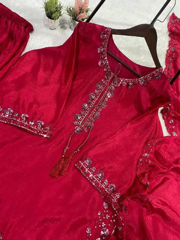 Pink Three Piece Outfit with Sequence Embroidered Top, Farsi Salwaar and Dupatta
