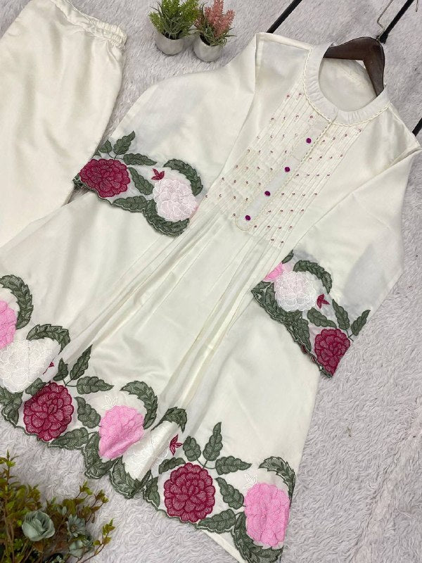 Ivory Trendy Co-ord Set with Floral Embroidery Work