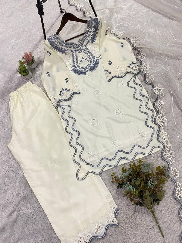 Ivory Sequence Embroidered Cutwork Top, Plazzo and Dupatta — Hania Amir Inspired