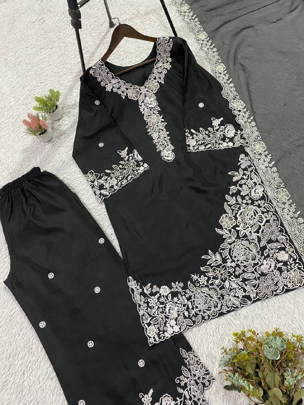 Black Sequence Embroidery Worked Top, Plazzo with Dupatta