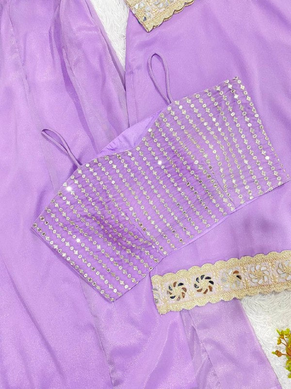 Lavender 4 Piece Cording with Real Mirror Embroidered Blouse-Top, Plazzo with Dupatta