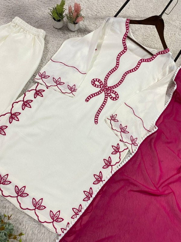 Ivory Embroidered Top, Plazzo and Dupatta — Hania Amir Inspired Pakistani Suit