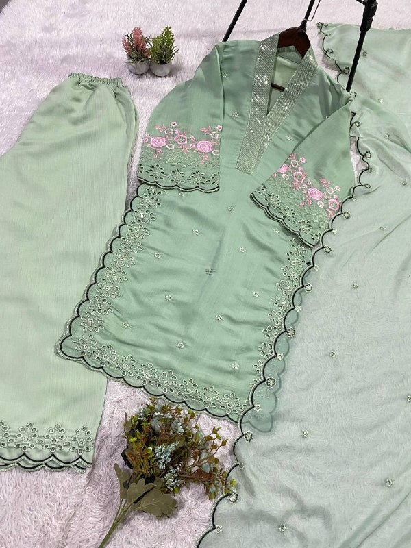 Sage Green Sequence Embroidery Worked Top, Plazzo with Dupatta