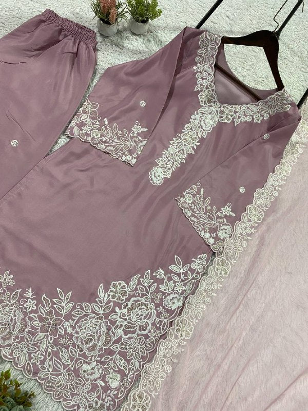 Mauve Sequence Embroidery Worked Top, Plazzo with Dupatta