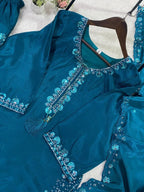 Teal Three Piece Outfit with Sequence Embroidered Top, Farsi Salwaar and Dupatta