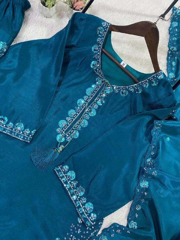 Teal Three Piece Outfit with Sequence Embroidered Top, Farsi Salwaar and Dupatta