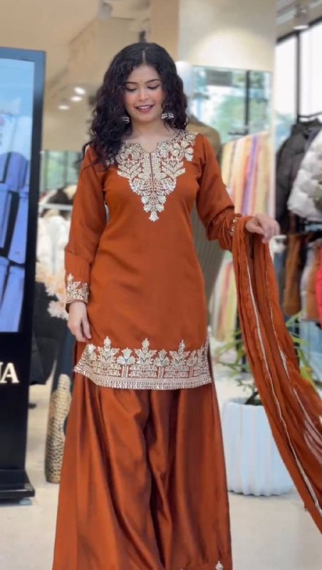 Rust Orange Comfortable Suit with Sequence Embroidered Top, Plazzo and Dupatta