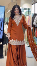 Rust Orange Comfortable Suit with Sequence Embroidered Top, Plazzo and Dupatta