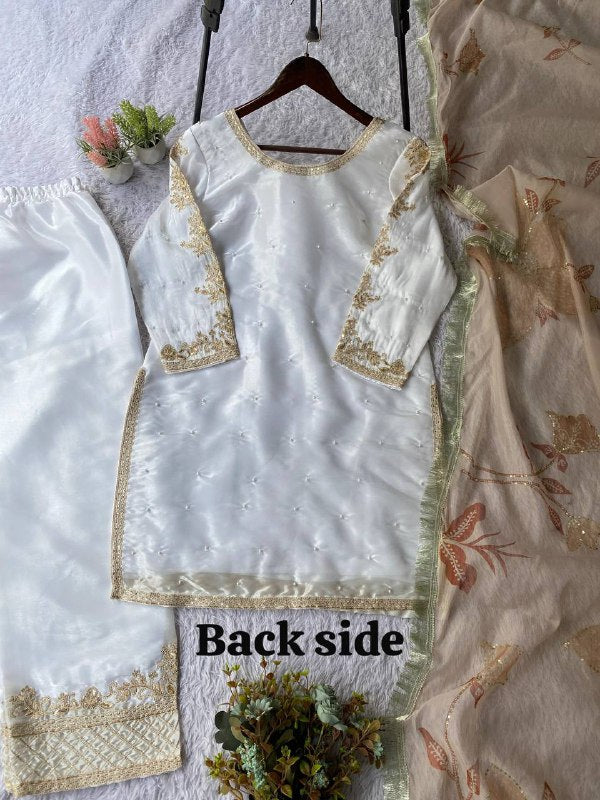 White Cording with Sequence Embroidery and Beads Worked Top, Plazzo and Dupatta
