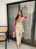 Beige Co-ord Set with Real Mirror and Sequence Embroidered Top and Plazzo