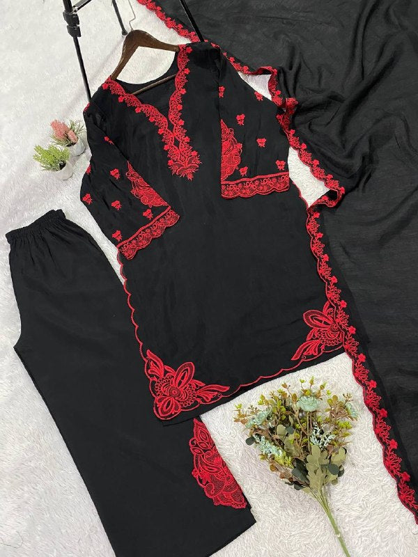 Black Embroidered Top, Plazzo and Dupatta with Red Embroidery — Hania Amir Inspired