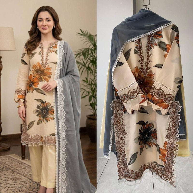 Cream Floral Printed Embroidered Lace Top, Plazzo with Dupatta — Hania Amir Inspired