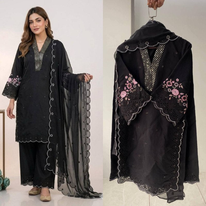 Black Sequence Embroidery Worked Top, Plazzo with Dupatta