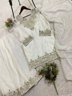 White Comfortable Suit with Sequence Embroidered Top, Plazzo and Dupatta