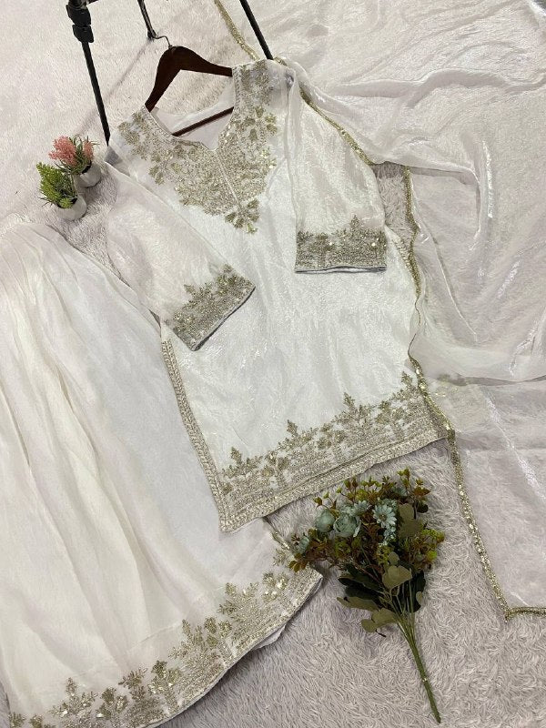 White Comfortable Suit with Sequence Embroidered Top, Plazzo and Dupatta