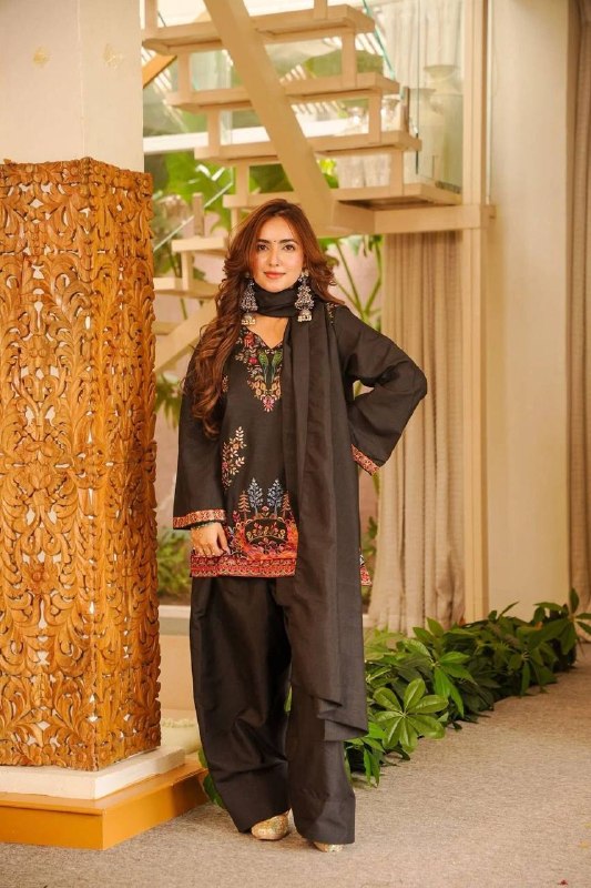 Black Printed Top, Salwaar with Dupatta in Roman Fabric