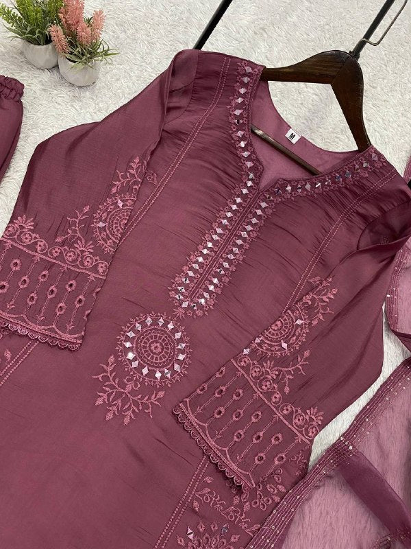 Mauve Hand Mirror & Sequence Embroidered Top, Plazzo with Dupatta