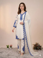 White Embroidered Top, Plazzo and Dupatta with Blue Embroidery — Hania Amir Inspired