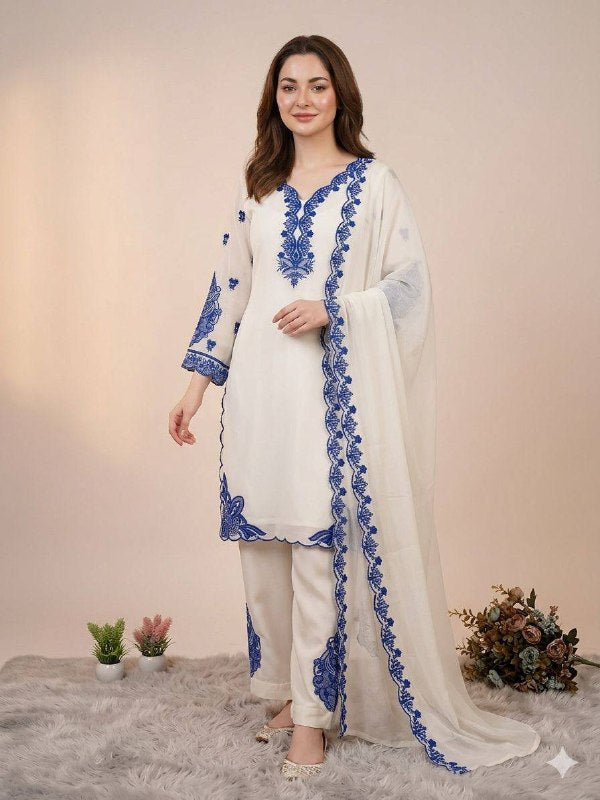 White Embroidered Top, Plazzo and Dupatta with Blue Embroidery — Hania Amir Inspired